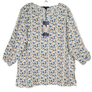 Mario Serrani Top Women's L Floral Tunic V Neck Lightweight 3/4 Sleeve Casual